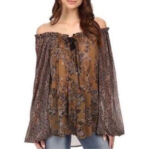 Free People Hendrix Floral Peasant Top Balloon Sleeve Brown Boho Sheer Size M